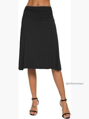 Solid Stretch Ruched Waistband Flared Midi Yoga Skirt